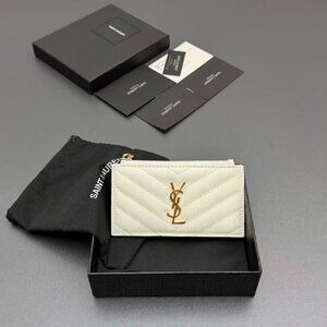 YSL Saint Laurent CASSANDRE MATELASSÉ ZIPPED CARD CASE IN GRAIN DE POUDRE